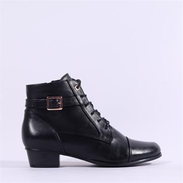 Regarde Le Ciel Low Heel Laced Buckle - Black Leather